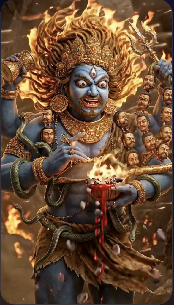 Lord Kaal Bhairava holding the skull-bowl and trident, fierce form of Shiva