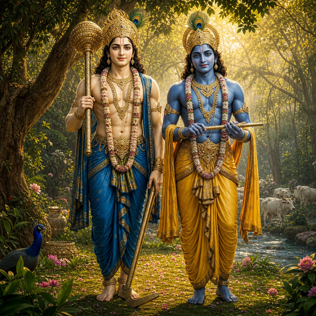 Lord Krishna and Balarama standing together in the forests of Vrindavana