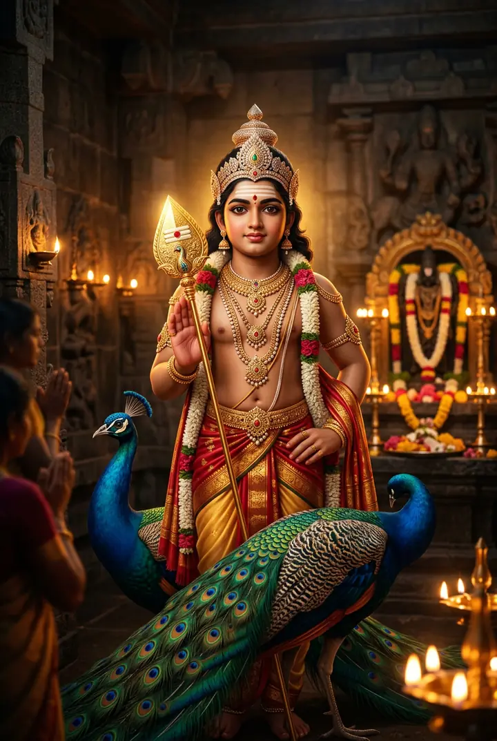 Hyper-realistic devotional portrait of Lord Kartikeya