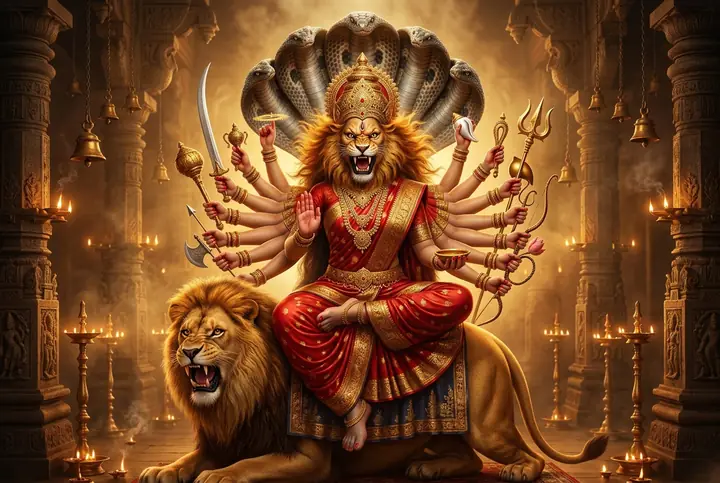 Goddess Pratyangira Devi seated on a lion, fierce protective form of the divine