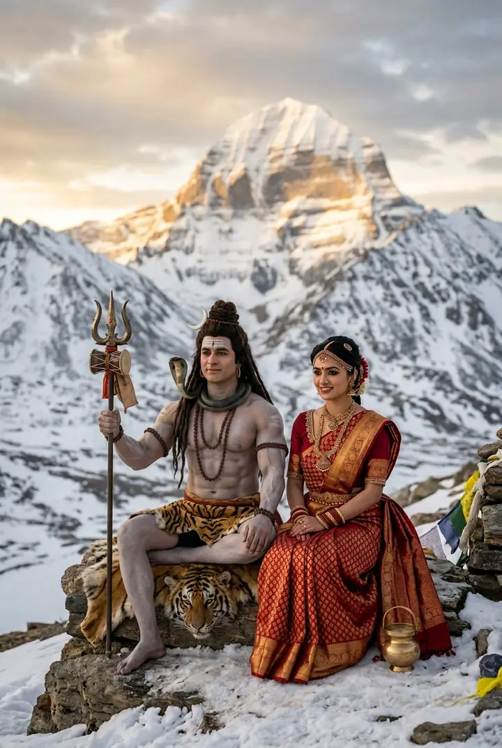 Hyper-realistic devotional portrait of Lord Shiva and Goddess Parvati