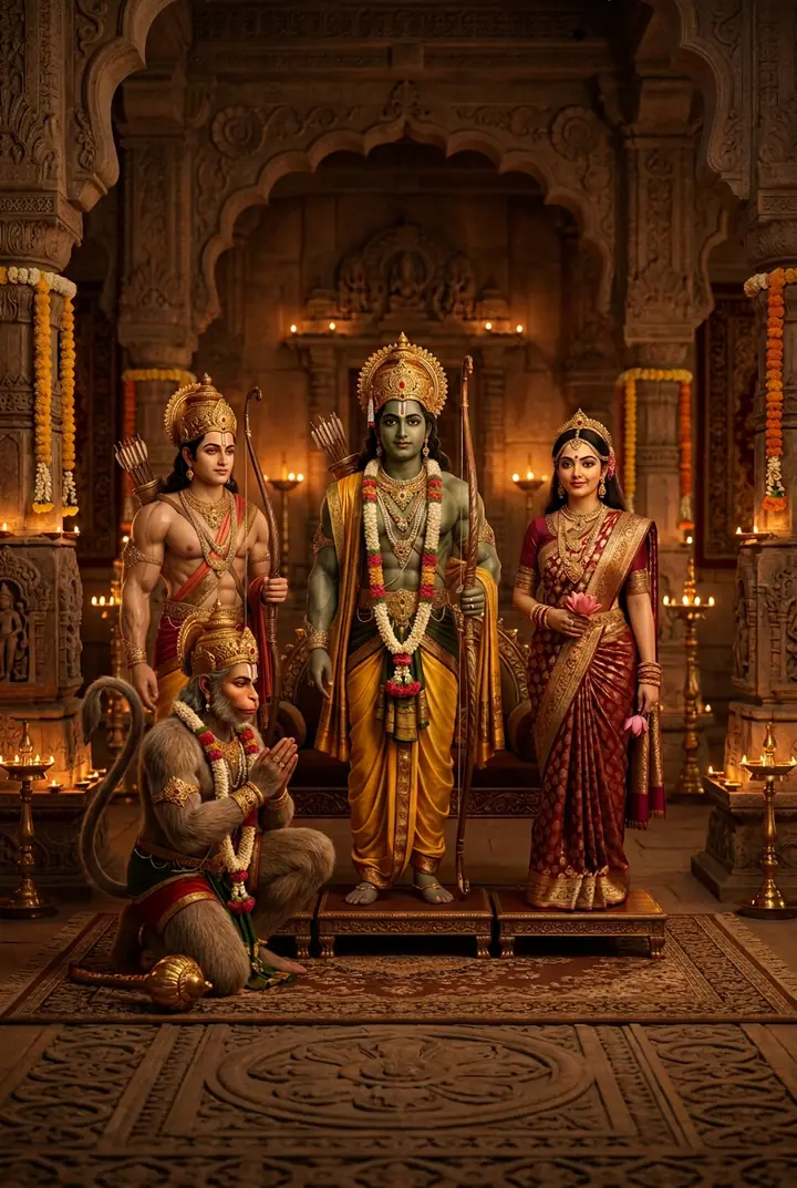 Sita on Rama's left with Lakshmana and Hanuman
